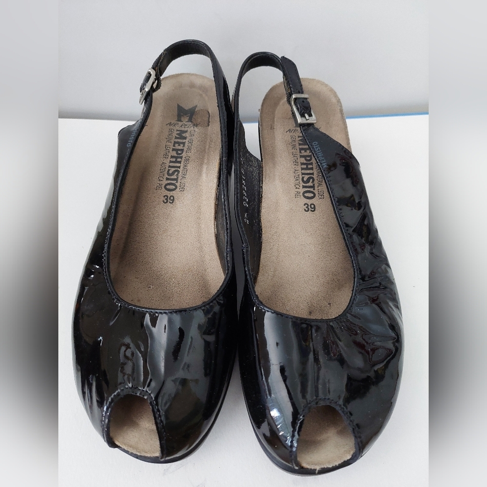 Mephisto Natasia Women's Black Patent Leather Peep-toe Slingback Wedges Size 39